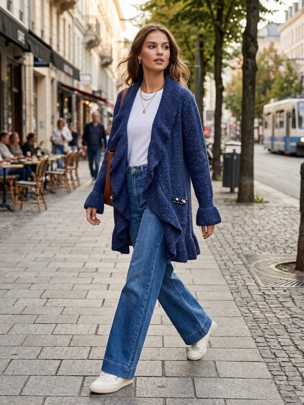INC International Concepts Navy Ruffled Open-Front Teddy Cardigan